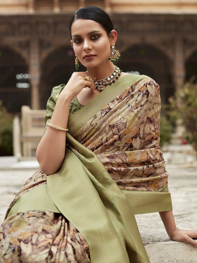 Gorgeous Green Printed Tissue Silk Event Wear Saree With Blouse